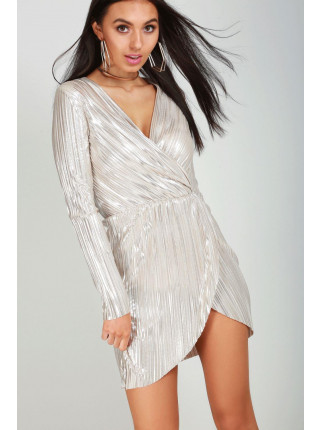 Isla Long Sleeve Wrap Over Glitter Dress